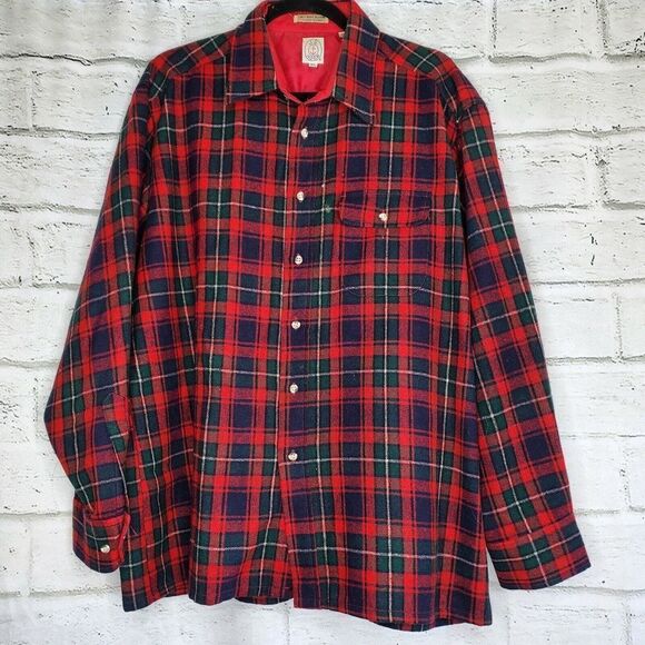 Vintage J.G. Hook Plaid Wool Blend Red Green Button Up Shirt XL - Picture 1 of 7